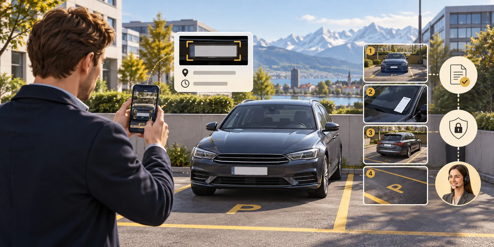 Documentazione di un veicolo su un posto privato con più fotografie e monitoraggio Security Parking